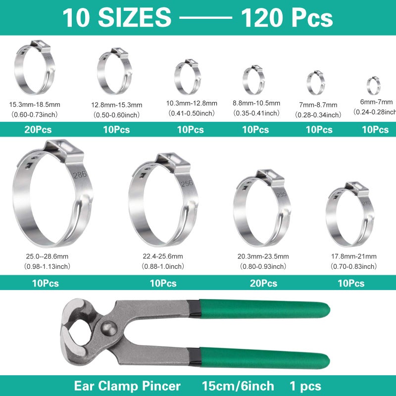 MIAHART 120Pcs Stainless Steel Single Ear Hose Clamps with Ear Clamp Pincer 10 Sizes 304 Stepless Crimp Clamps for Securing PEX Tubing Pipe Hose and Automotive Use with Storage Box 1/4 inch-1 1/8 inch - Image 2